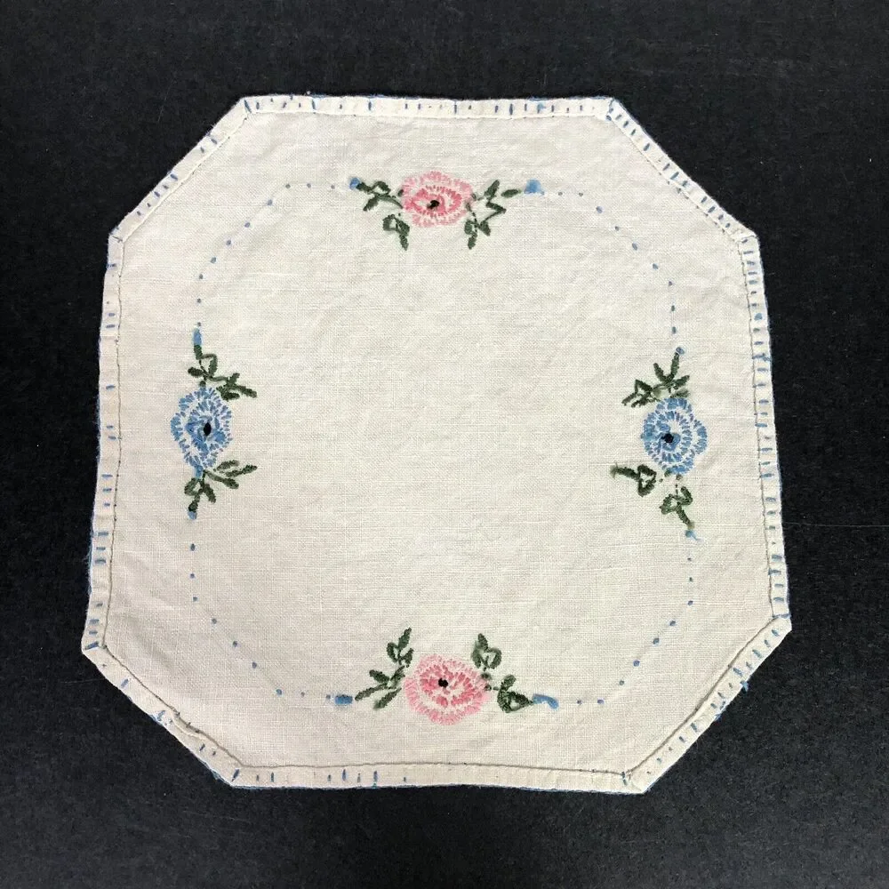 Vintage Small Table Topper Linens Blue and Pink Flowers Needlepoint Handmade 3pc